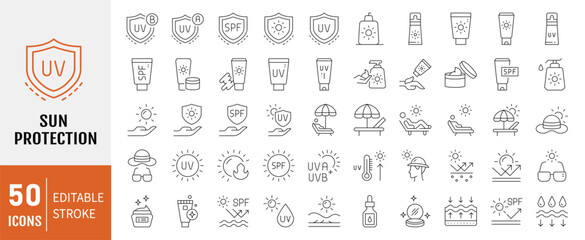 Sun protection icon set. Contains icons sunscreen, ultraviolet, sunglasses, SPF protection, umbrella, sunburn, sun hat and more. Vector illustration.