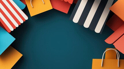 Colorful shopping bags arranged in a circle on a turquoise background, perfect for promotional retail and shopping concepts.