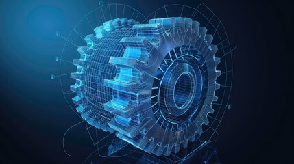 A wireframe model of a large gear or a cog wheel, with a deep blue background. The gear is surrounded by a blue wireframe that forms a circle, possibly depicting a blueprint or a technical diagram.