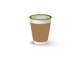 Hot green tea latte in white paper container cup with brown sleeve in white background