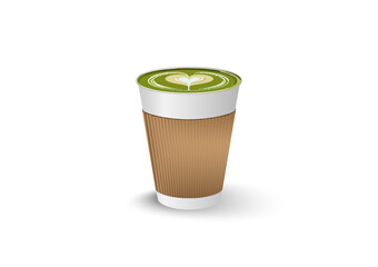 Hot green tea latte in white paper container cup with brown sleeve in white background