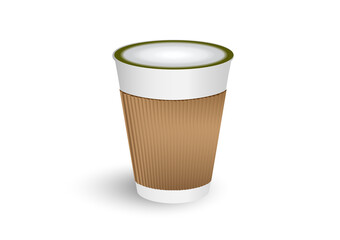 Hot green tea latte in white paper container cup with brown sleeve in white background