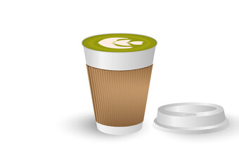 Hot green tea latte in white paper container cup with brown sleeve in white background