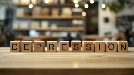 Depression wooden block with living room background for sadness living concept.