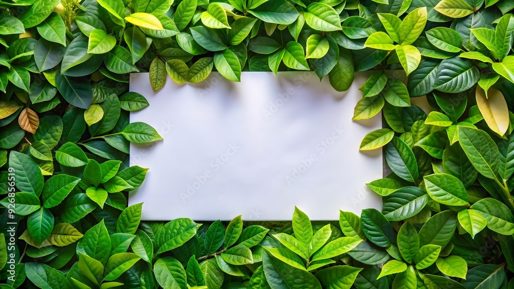 Wall mural vibrant green leaves background with foliage frame and white paper for presentation design template,