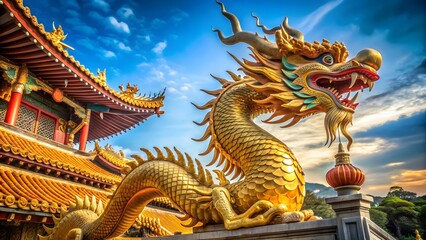 Obraz premium Towering golden dragon sculpture in ancient Chinese temple , Mythical, legend, ancient, temple, China, culture, sculpture