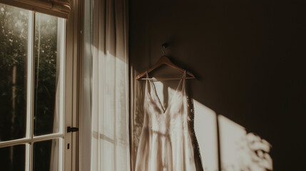 A stunning wedding dress  hung in the window for a romantigarden wedding style and fairytale bride. wedding concept background mood board