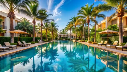 Luxurious swimming pool surrounded by palm trees at a hotel resort , vacation, relaxation, leisure, travel, tropical, oasis
