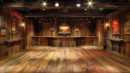 A rustic wooden interior with a long wooden counter and wooden floor. There are lights on the ceiling. There are pictures on the walls.