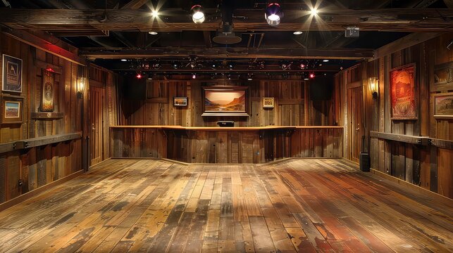 A rustic wooden interior with a long wooden counter and wooden floor. There are lights on the ceiling. There are pictures on the walls.