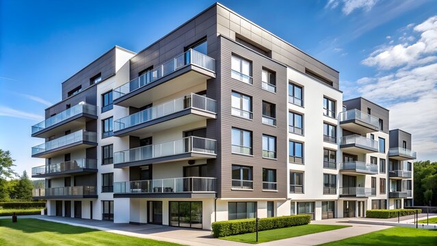 Minimalistic photo of a part of a modern grey and white apartment building , architecture, minimalistic, contemporary