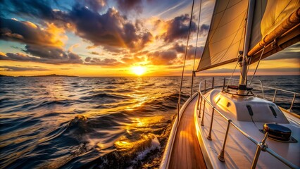 Serene sunset sailing experience with golden light illuminating the sails and ocean waves , Serenity, sailing, sunset, golden light