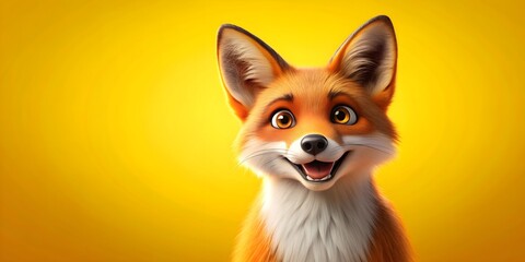 Obraz premium Happy cartoon fox smiling with a lively expression on a vibrant yellow background, cute, cheerful, animal, character, mammal, fun