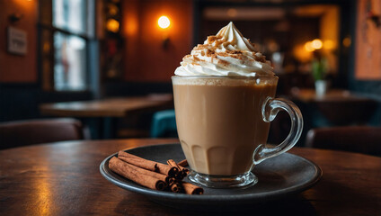 Hot chai tea latte with cinnamon, served with sweet cake in an Indian cafe