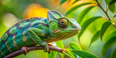 Obraz premium Chameleon blending in with green leaves on a tree branch, camouflage, reptile, nature, wildlife, tropical, adaptation