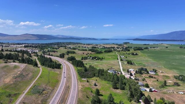 drone view over a montana lake