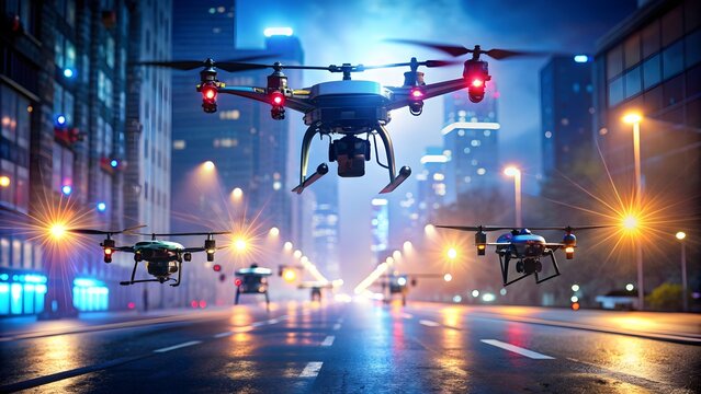 Night time street scanning with police drones equipped with technology, police, drones, airships