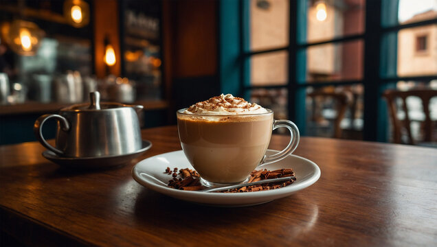 Hot chai tea latte with cinnamon, served with sweet cake in an Indian cafe