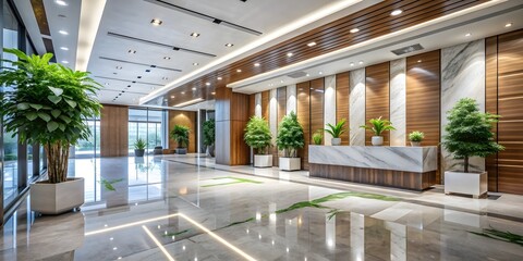 Modern luxury office lobby with clean marble floor, green plants, and elegant wood and stone design elements