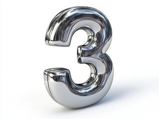 Shiny chrome balloon number 3 isolated on white background.