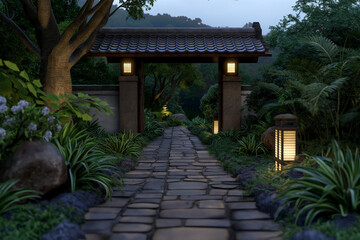 Obraz premium Tranquil Garden Path at Night