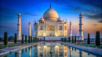 Naklejka premium Night view of the Taj Mahal, a white marble mausoleum in India , architecture, monument, Agra, night, illuminated, reflection
