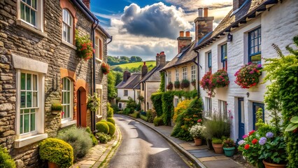 Obraz premium A charming street in a quaint country town, countryside, small town, picturesque, cobblestone, buildings, shops
