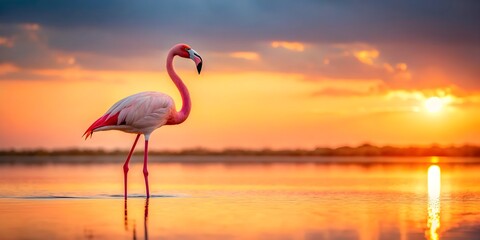 Pink flamingo standing gracefully in the water against a stunning sunset backdrop , flamingo, pink, water, sunset