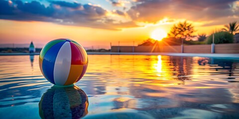 Obraz premium Colorful beach ball floating in serene swimming pool at sunset, beach ball, colorful, floating, swimming pool, sunset