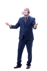 Old businessman wearing virtual glasses isolated on white