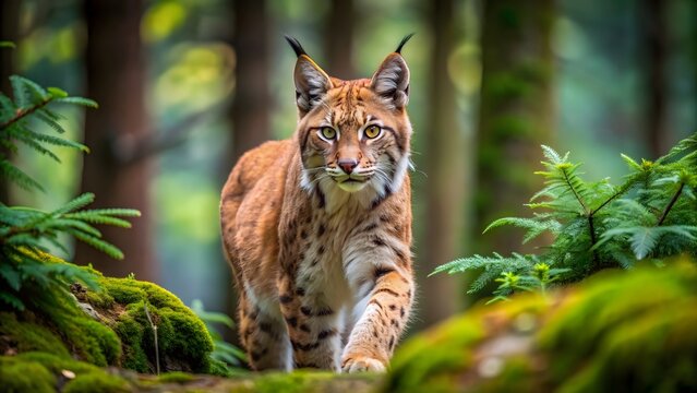 Eurasian lynx stalking through a dense forest habitat, lynx, Eurasian, predator, wildlife, carnivore, stalking, hunting, woods - Powered by Adobe