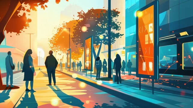 Vibrant urban street scene at sunset with silhouettes of people, modern buildings, and glowing advertisements creating a dynamic cityscape.