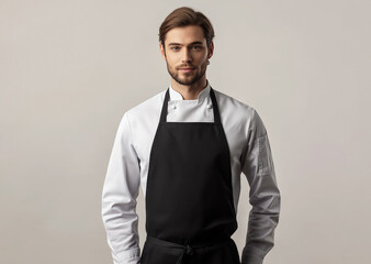 Fototapeta premium Chef kitchen apron. Chef cook in a uniform, kitchen apron, wearing protective apparel, culinary environment, food service setting, chef in kitchen interior, apron mock-up. Realistic style photo