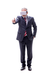 Old businessman wearing virtual glasses isolated on white