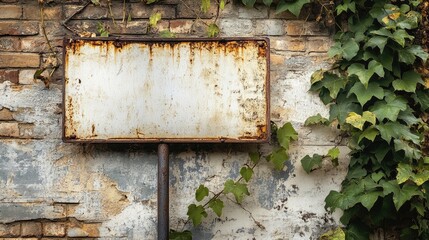Naklejka premium Empty metal sign mounted on a pole, with a rustic background of a weathered brick wall and overgrown vines
