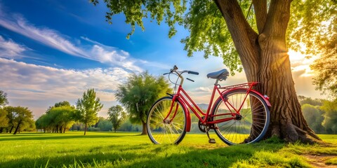 A detailed description of a stock photo showing a shiny red bicycle parked by a tree in a green park with a blue sky in the background