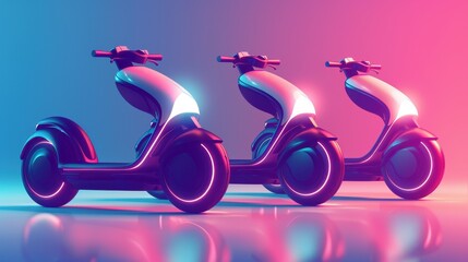Three futuristic electric scooters in a neon-lit environment showcasing modern design and innovative urban mobility solutions.