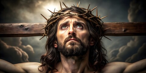 Jesus Christ crucified wearing crown of thorns on Good Friday