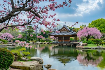 Naklejka premium Cherry blossoms and Gyeongbokgung Palace in Seoul, South Korea