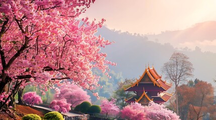 Fototapeta premium Buddhist temple with cherry blossom in Chiang Mai, Thailand