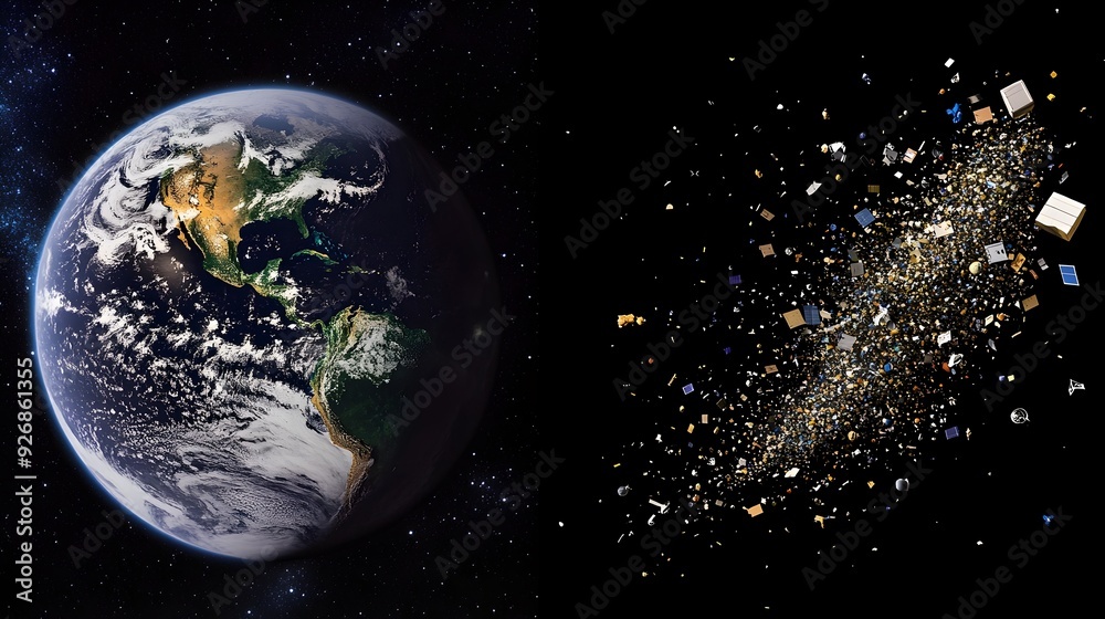 Poster accumulation of space debris surrounding the earth over time visualized in 3d graphic
