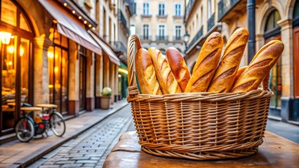 Traditional French baguettes in a basket near a bakery on a Paris street , baguettes, French, traditional, basket, bakery, Paris