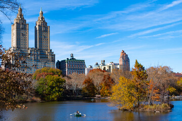 Seasonal cityscape in autumn fall season. New York. NYC. Central Park Autumn beauty of nature. Nature in city park. Fall cityscape in park. Autumn landscape. Nature fall landscape. Autumnal season in