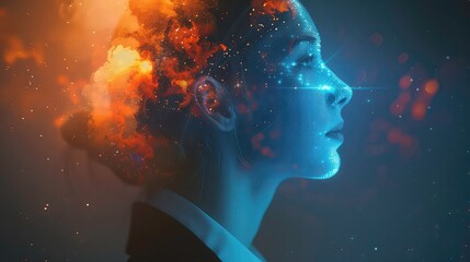 Obraz premium A woman's face is digitally rendered with a glowing effect, surrounded by a cloud of yellow sparks.