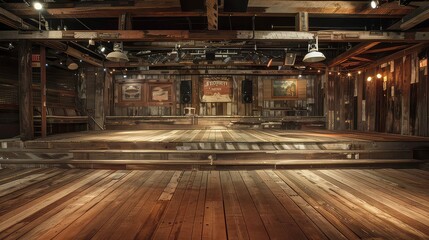 A wooden stage with a rustic aesthetic, featuring exposed beams, faded posters, and dim lighting, setting a stage for a performance.