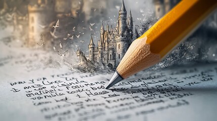 A pencil draws a fairytale castle on a page of handwritten notes.