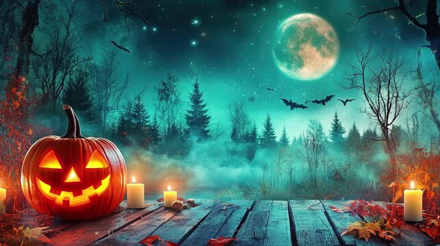 Pumpkin jack o lantern in Halloween concept in the night under the moonlight and misty effect. 