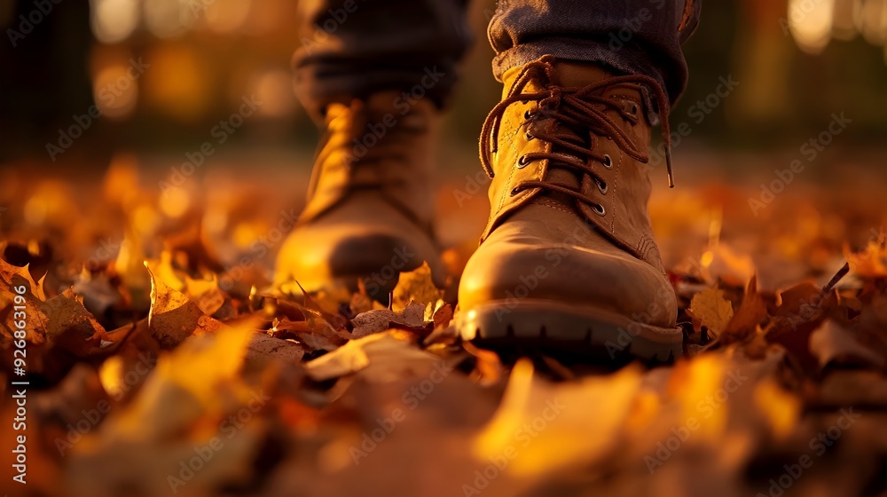 Poster autumn boots traversing a leaf strewn path at dusk