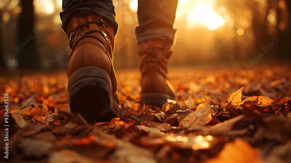 Poster boots traversing a path of fallen autumn leaves in golden light