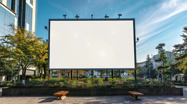 Video of white billboard in the park city for advertisement, product display.	